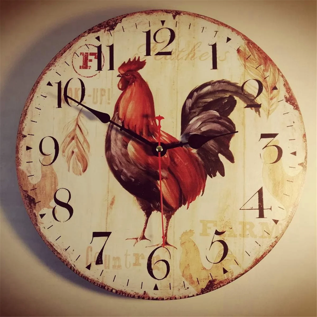 Kitchen Wall Clock 12 Inch Rustic Rooster Silent Non Ticking Wall Clock Quartz Battery Operated Round Wall Clock