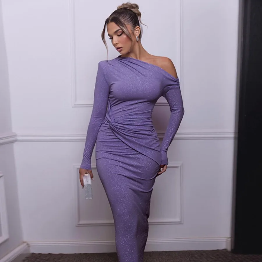 

【HOT】Autumn and winter new European and American style women's clothing hot sale fashion sexy shrink pleated slanted shoulder l