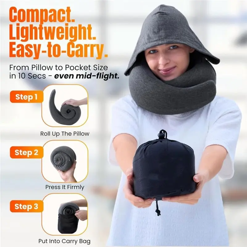 Super-Soft Pure Cotton Fabric Hooded Pro Travel Pillow-Memory Foam Neck Support For Airplane, Flight Maximum Comfort