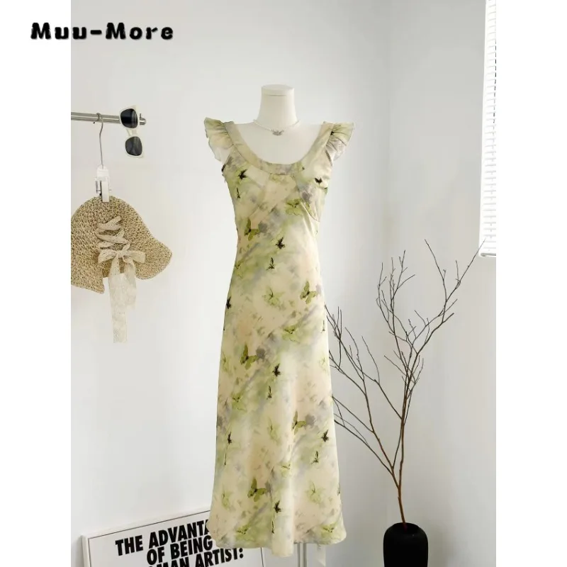 2024 Summer Female Vintage Flying Sleeve Floral Midi Dresses Women's Elegant Print Casual Round Neck Chiffon A-Line Dress