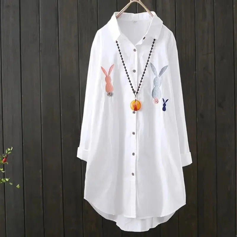 New Female Embroidery Long Sleeved White Shirt Tops Spring Summer Women Loose Blouse Jacket 2024 Ladies Cardigan Blouse Outwear