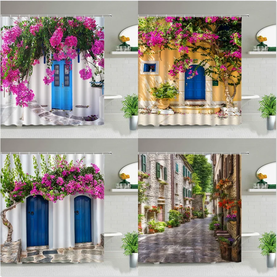 Purple Flowers Scenery Waterproof Shower Curtains Rural Street Landscape Floral Bathroom Curtains Washable Home Decor With Hooks