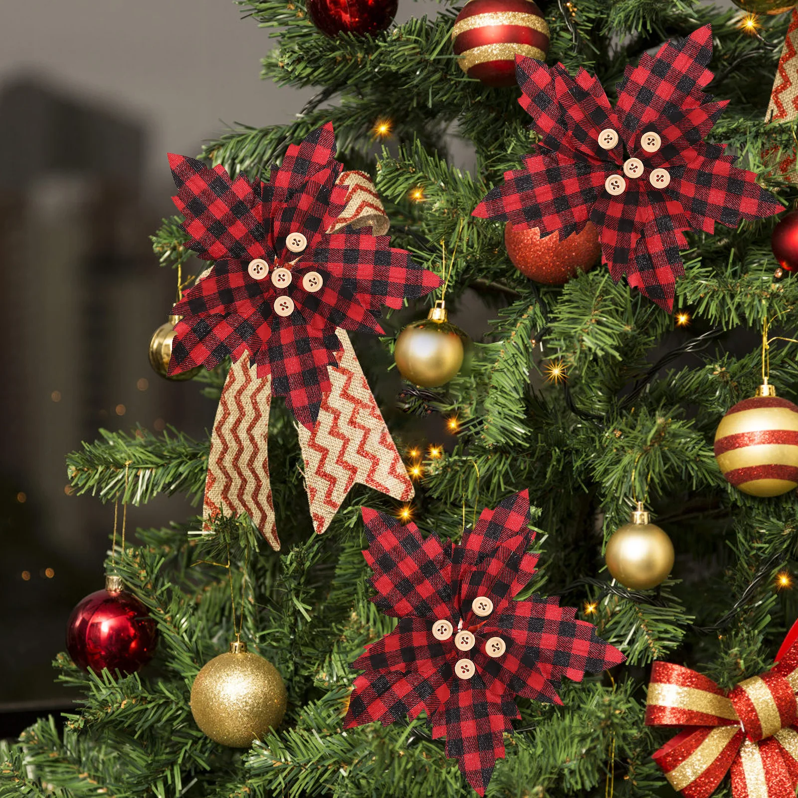 Red and Black Checkered Christmas Tree Ornaments Houndstooth Cloth Flower Garlands Fabric Flowers Home Wreaths Decoration