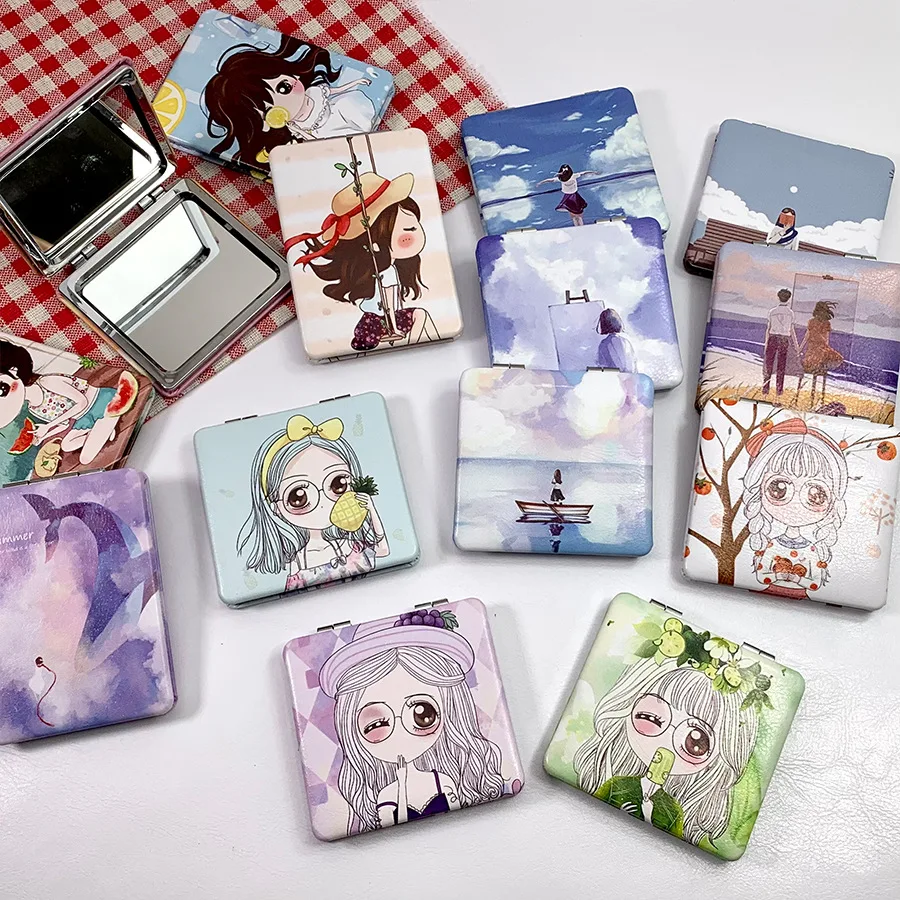 미니 메탈 메이크업 미러 만화 패턴 확대 접이식 더블 포켓 여행용 뷰티 화장 도구