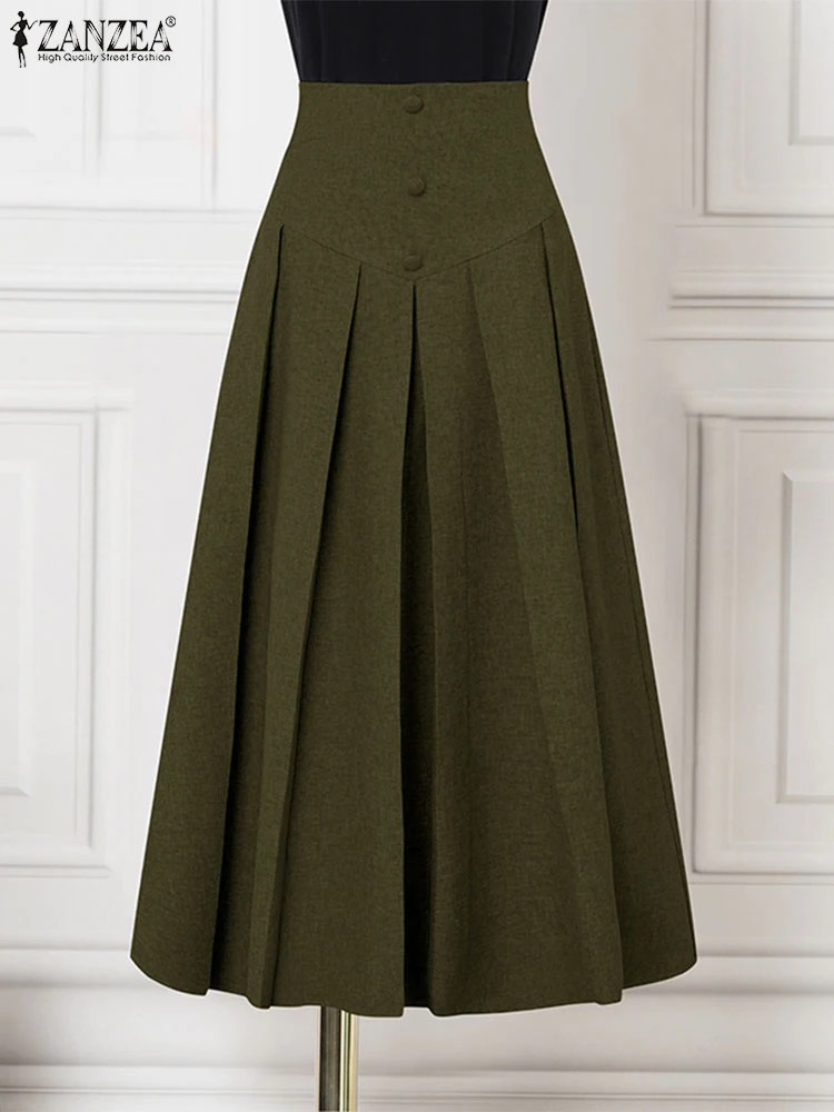 

ZANZEA 2025 Women Elegant Pleated Maxi Skirts High Waist Office Skirts Casual Loose Zipper Buttons Overskirts A-Line Bottom Lady