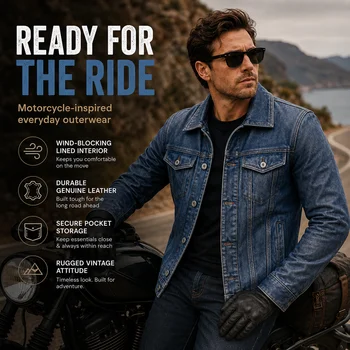 Men's Motorcycle Leather Jacket Light Blue Ami Khaki Retro Graphite Distressed Denim Genuine Leather Jacket Slim Short Jacket 5