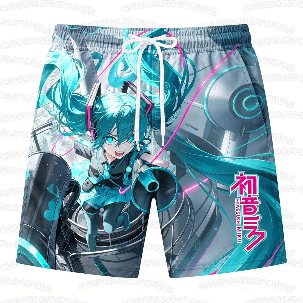 Sommer-Strandshorts für Herren und Damen mit Schnelltrocknender Funktion, Urlaubs- und Hawaii-Shorts mit Cartoon Hatsune Miku Aufdruck – Detail 3