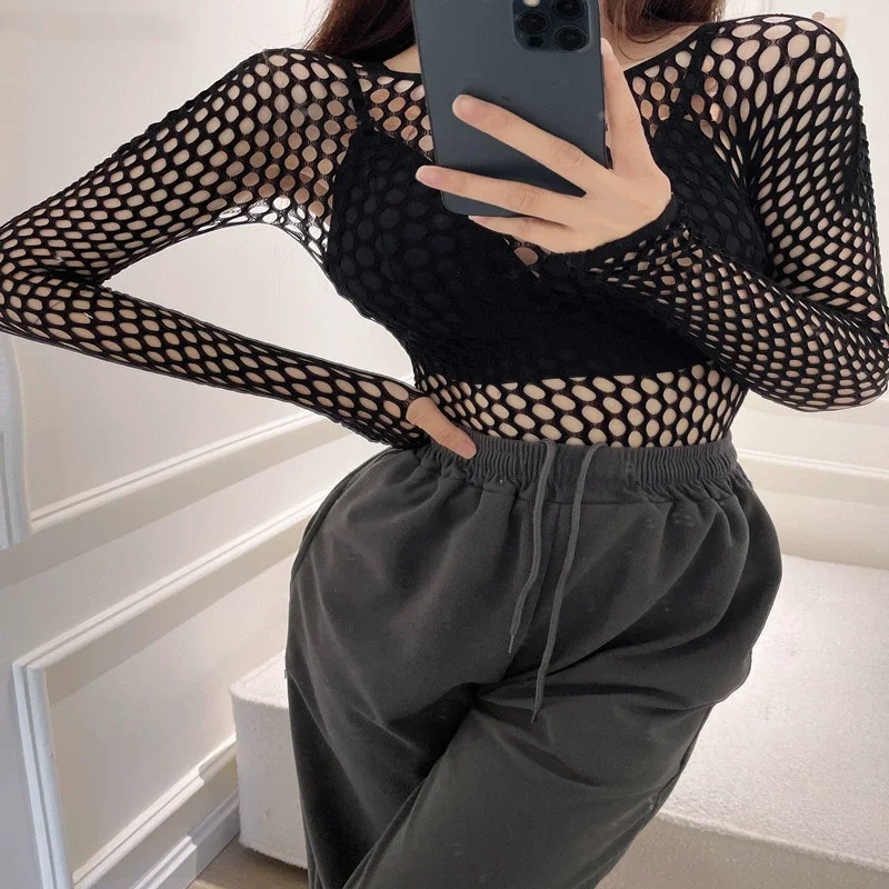Party Fashion Hollow Out Basic T Shirts Mens Sexy Hollow Out See Through Mesh T-shirt Men Spring Vintage Slim Fit Elastic Tees - view 2