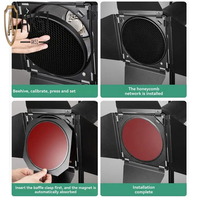 

AK51-Godox BD-04 Barn Door With Honeycomb Grid And 4 Color Gel Filter For Bowen Standard Reflector Photography Accessory