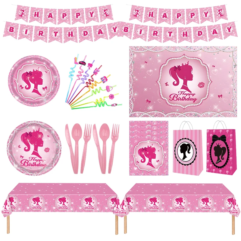 Décoration d'anniversaire thème princesse rose, ballons d'anniversaire, vaisselle, assiettes, tasses, nappe, pailles, cadeaux de fête pour filles, nouvelle collection