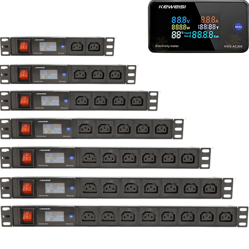 IEC C13 Power Strip with Digital V/A/W/℃ Electricity meter double break switch 2-7 Ways Socket PDU Distribution Unit 2meter Cord