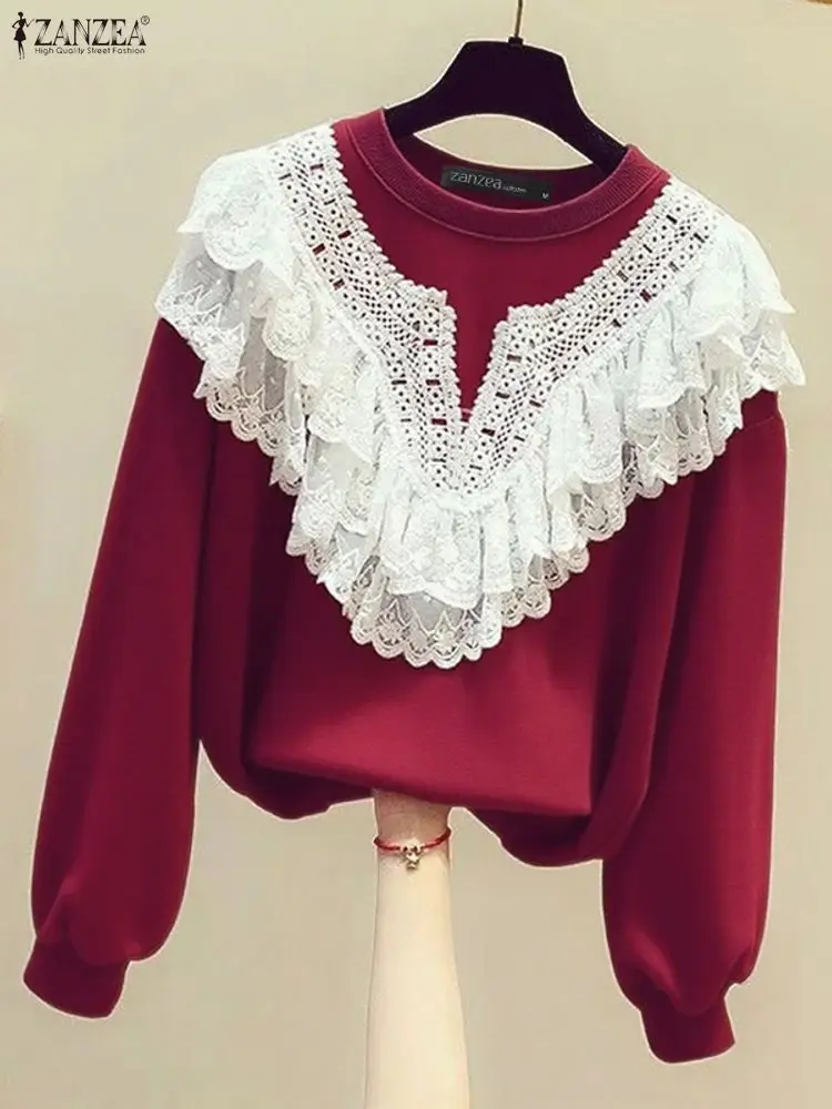 ZANZEA 女性スウェット 2025 ファッション長袖プルオーバーカジュアルレースパッチワークジャンパー O ネック秋冬服トップス