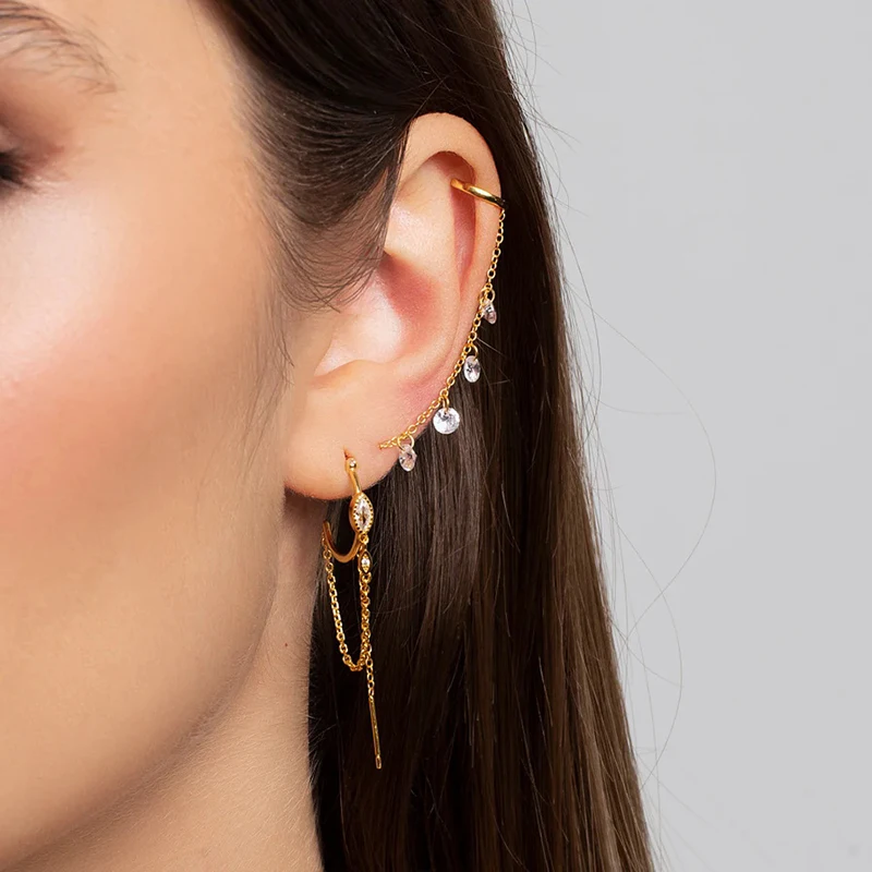 FLORATO 925 Silver Ear Needle Geometric Rhombic Zircon Chain C-Shaped stud Earrings Tassel Earrings Fashion High-end Jewelry