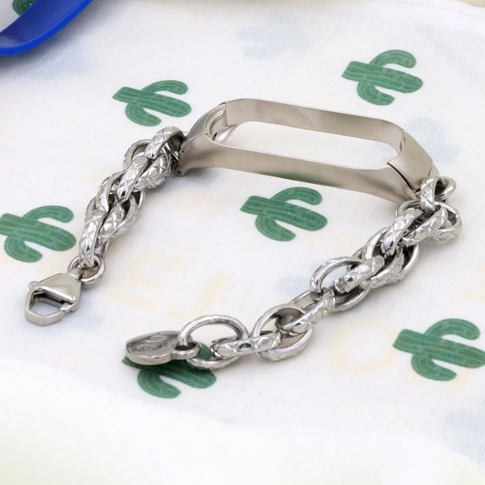 Серебристый металлический ремешок для смарт-браслета Xiaomi Mi Band 7 6 / Mi Band 5/ Mi Band 8, Сменные аксессуары, цепочка из нержавеющей стали