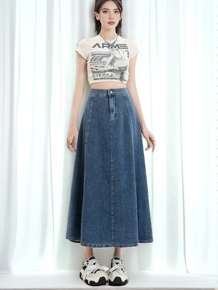 Long Denim Skirt Women 2024 Spring Summer New Arrivals High Elastic Waist A Line Jeans Skirts Korean Fashion Casual Blue Skirts