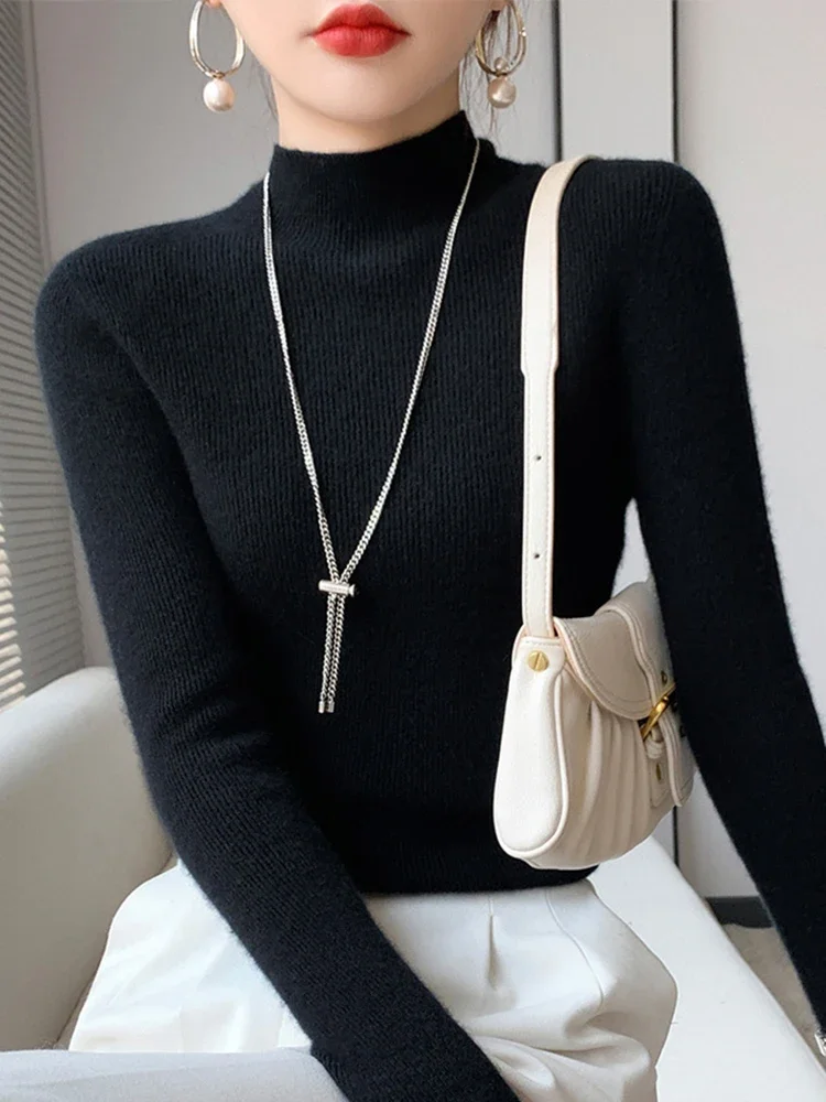 

2025 женские однотонные универсальные вязаные топы, осенне-зимняя водолазка, утепленные теплые мягкие пуловеры, женский облегающий свитер