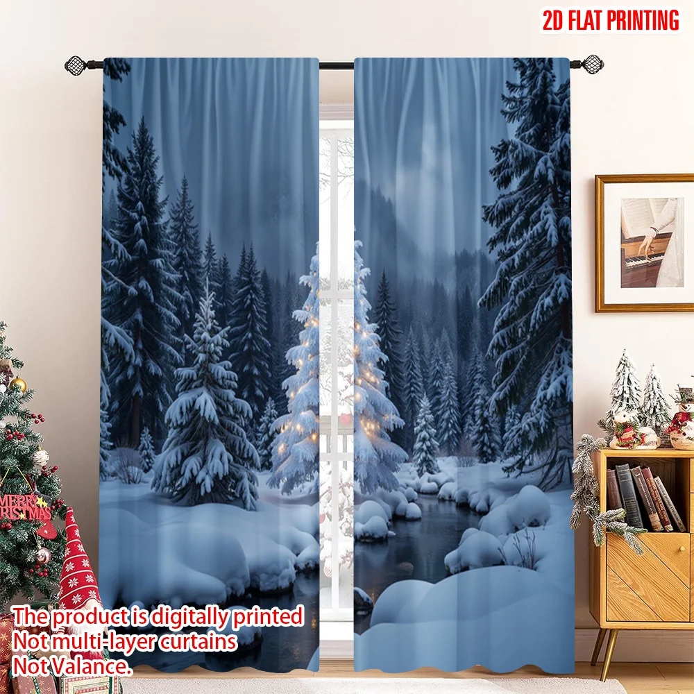 

2pcs 2D flat printing Merry Christmas Popular Curtains Glowing Christmas Tree Snowy River 100% Polyester Without Electricity