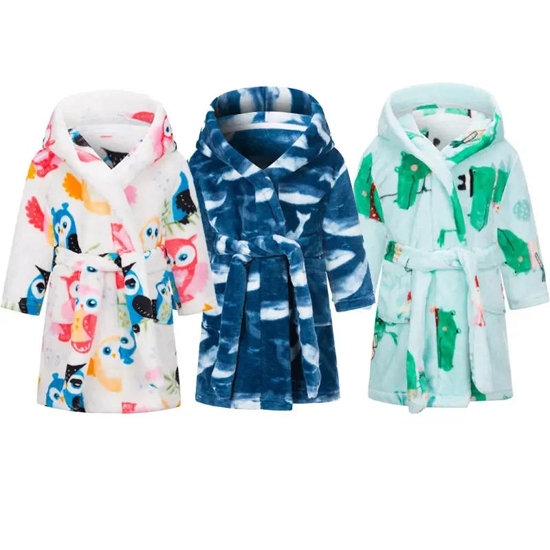 Winter Children Robe Warm Robe for Kids Cartoon Flannel Hooded Towel Bathrobe for Boys Girls Dressing Gown Nightgown