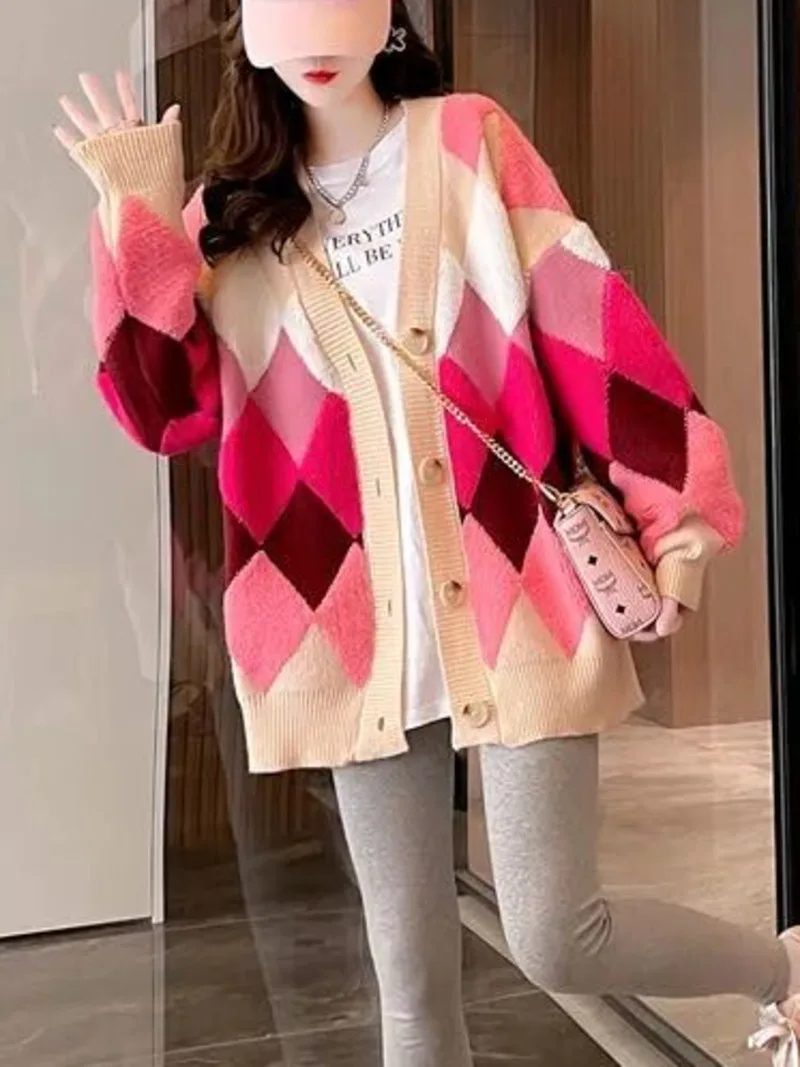 Argyle Cardigan Women Knitted Sweater Loose Single Breasted Students V-neck Lovely Knitwear Korean Oversize Cardigan Winter Tops