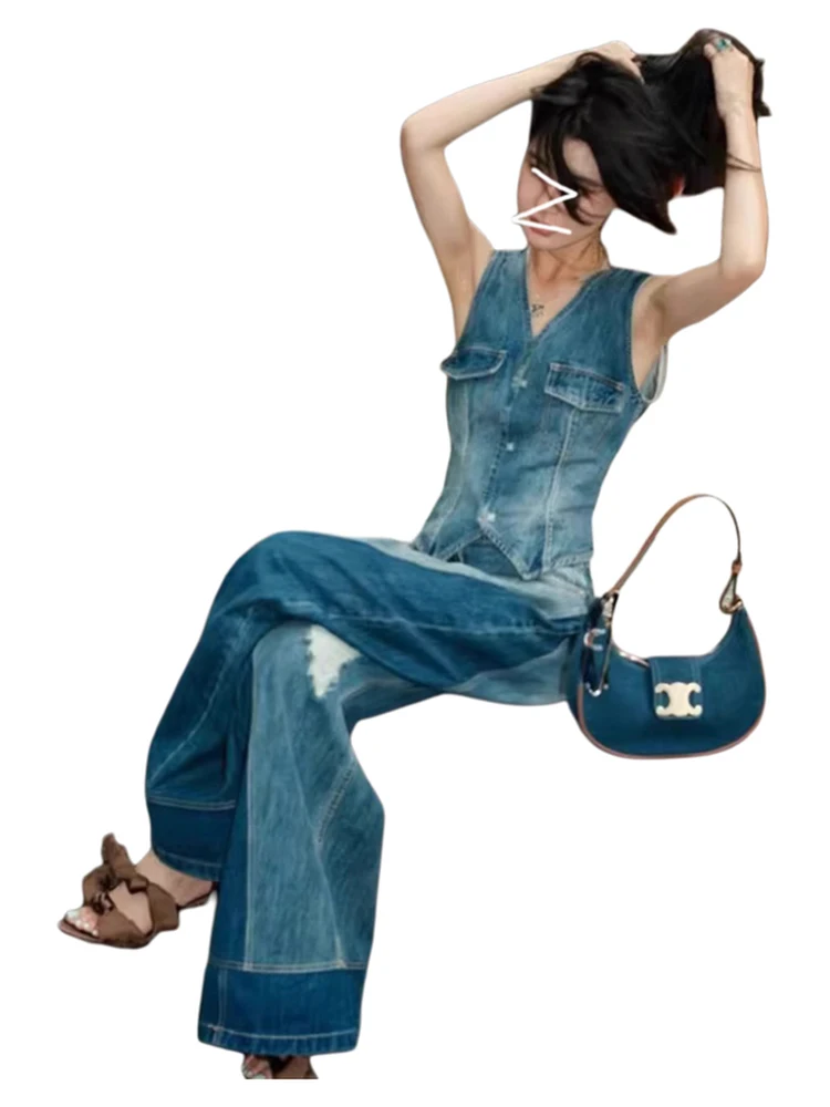 Seksowny zestaw: dżinsowa kamizelka i spodnie jeansowe damskie, letni, nowy, w stylu amerykańskim retro, obcisły top, dziurawe spodnie jeansowe, modny strój.