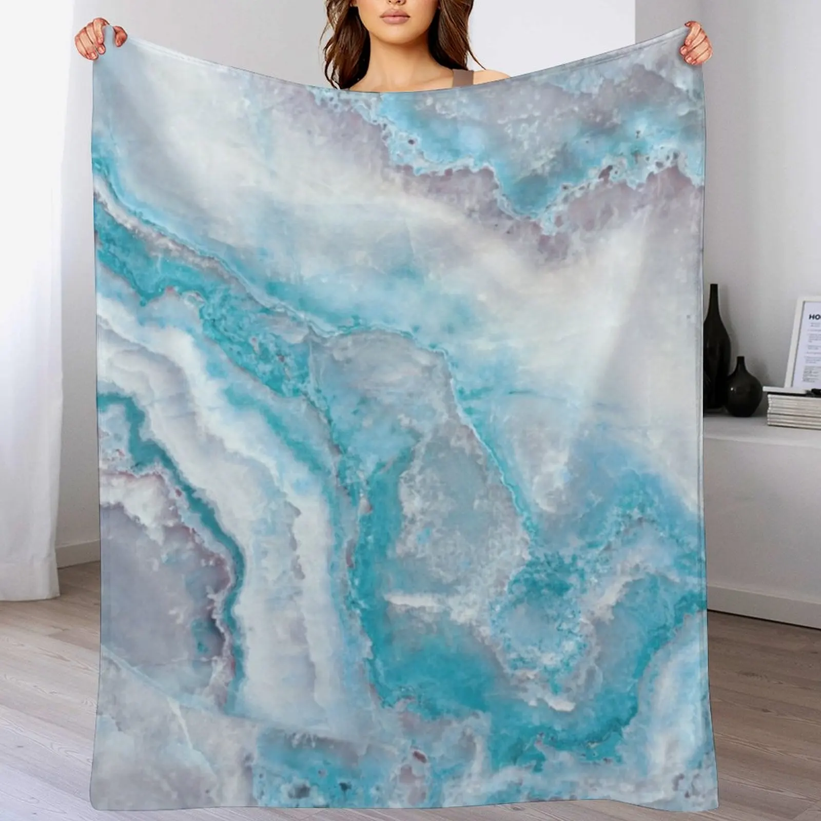 Luxury Mermaid Blue Faux Agate Marble Geode Gem Throw Blanket Flannel Fabric Tourist Blankets