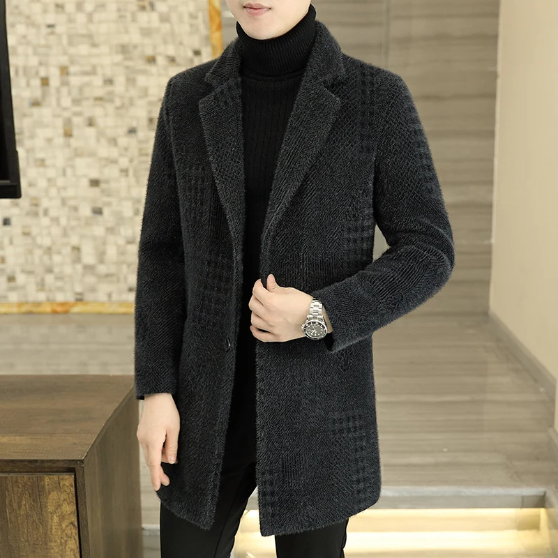 2024 Autumn/Winter New Men's Medium to Long Woolen Coat with Thick Cotton for Warmth and Fashion Jacquard Business Jacket Top