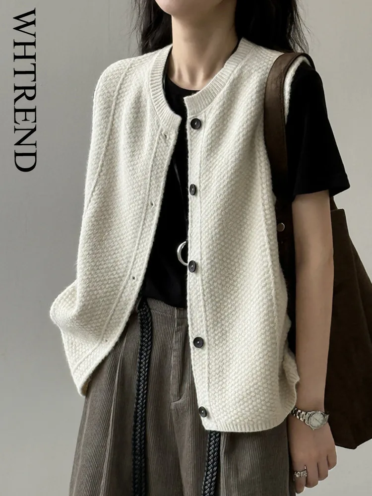 

WHTREND однотонный многослойный вязаный жилет для женщин, свободный стиль, универсальный топ, осень-зима, новинка WH1444