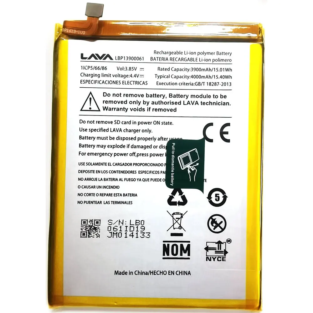 

3.85V 15.40Wh LAVA LBP13900061 Replacement Li-ion Polymer Mobile Phone Battery 1ICP5/66/86