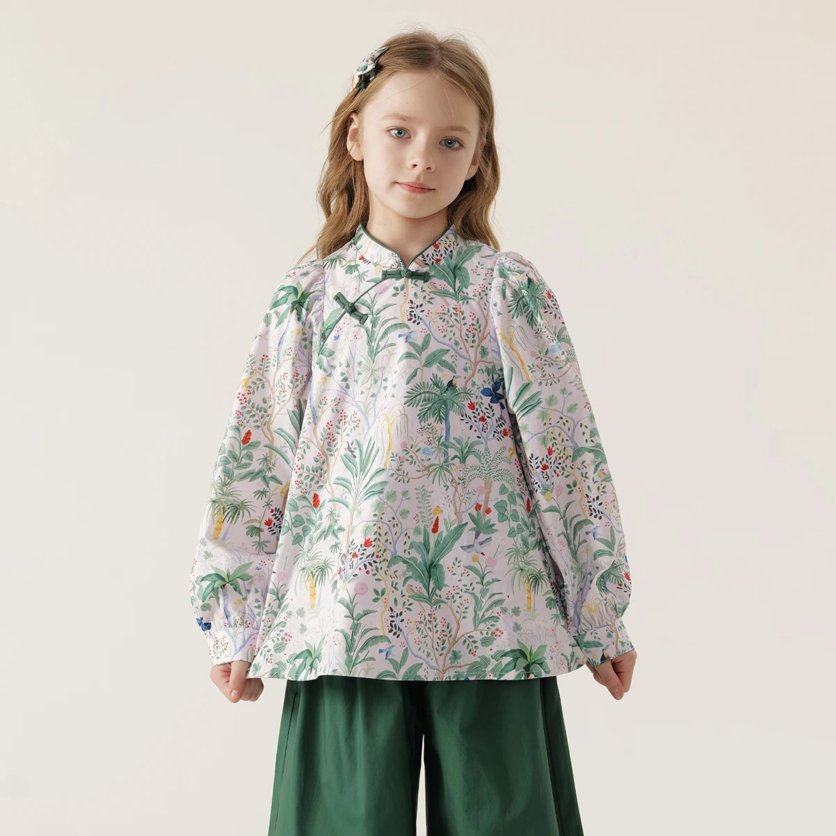 MARC&JANIE Girls Garden Bubble Sleeve Cheongsam Shirt Kids Blouse for Spring French Series 240167