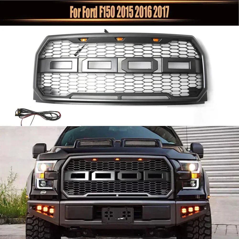 

For Ford F150 2015 2016 2017 with LED Light F-150 ABS Car Accessory Front Bumper Raptor Grille Centre Panel Styling Upper Grill