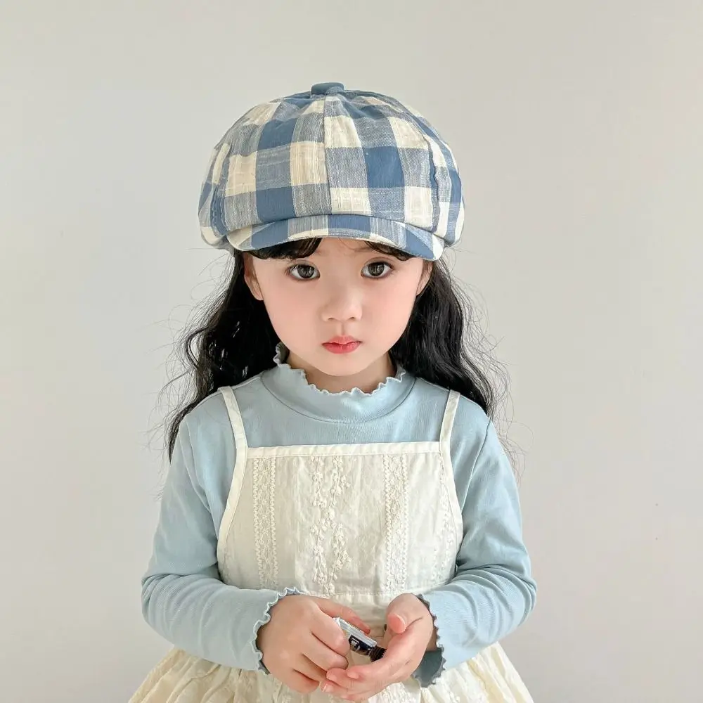 새로운 체크무늬 뉴스보이 캡 한국 레트로 아동 베레모 야외 빈티지 피크 캡 키즈