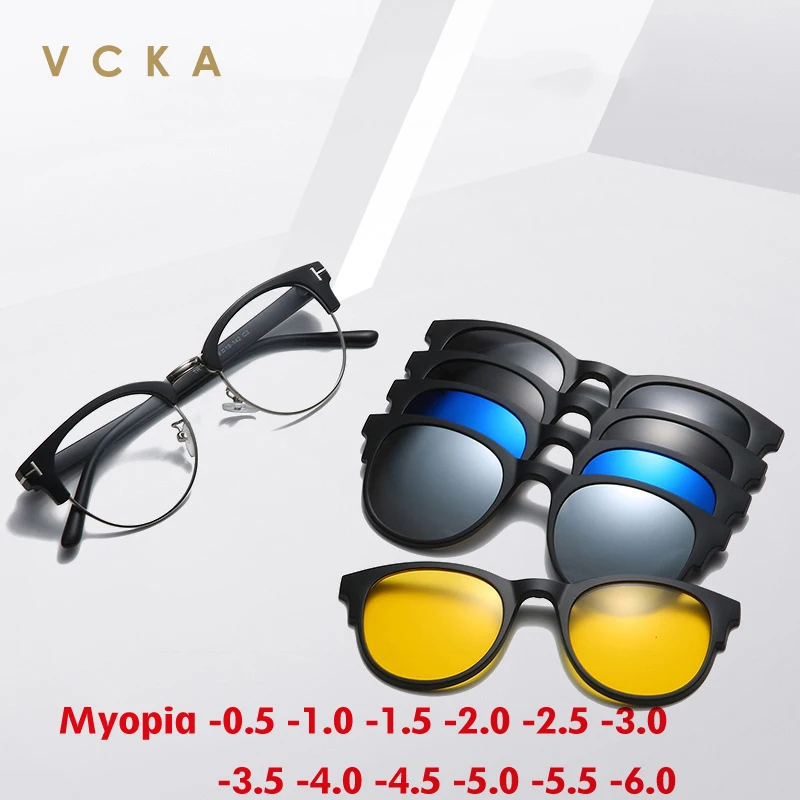 VCKA 6 in 1 Magnet Clip Myopia Sunglasses Round Men Polarized TR90 Frame Custom Prescription Retro Women Glasses -0.5 TO -6.0