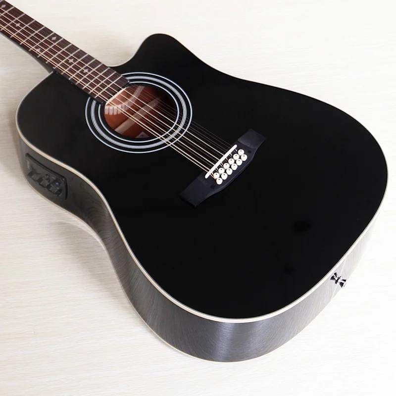 12 String Electric Acoustic Guitar with EQ 41 Inch Laminated Spruce Top Sapele Body Cutaway Design High Glossy Folk Guitar Black
