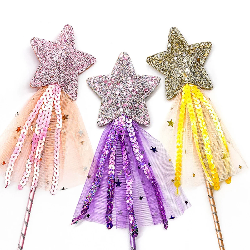 Fantasy Five-pointed Stars Wand for Children Halloween Princess Wand with Glitter Stars and Tassels Magical Playtime Accessories