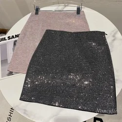 Rhinestone Skirts for Women 2024 Spring Autumn New Shiny Diamond Nightclub Slim Fit Stretch Mini Skirt Lady Jupe Pink Black
