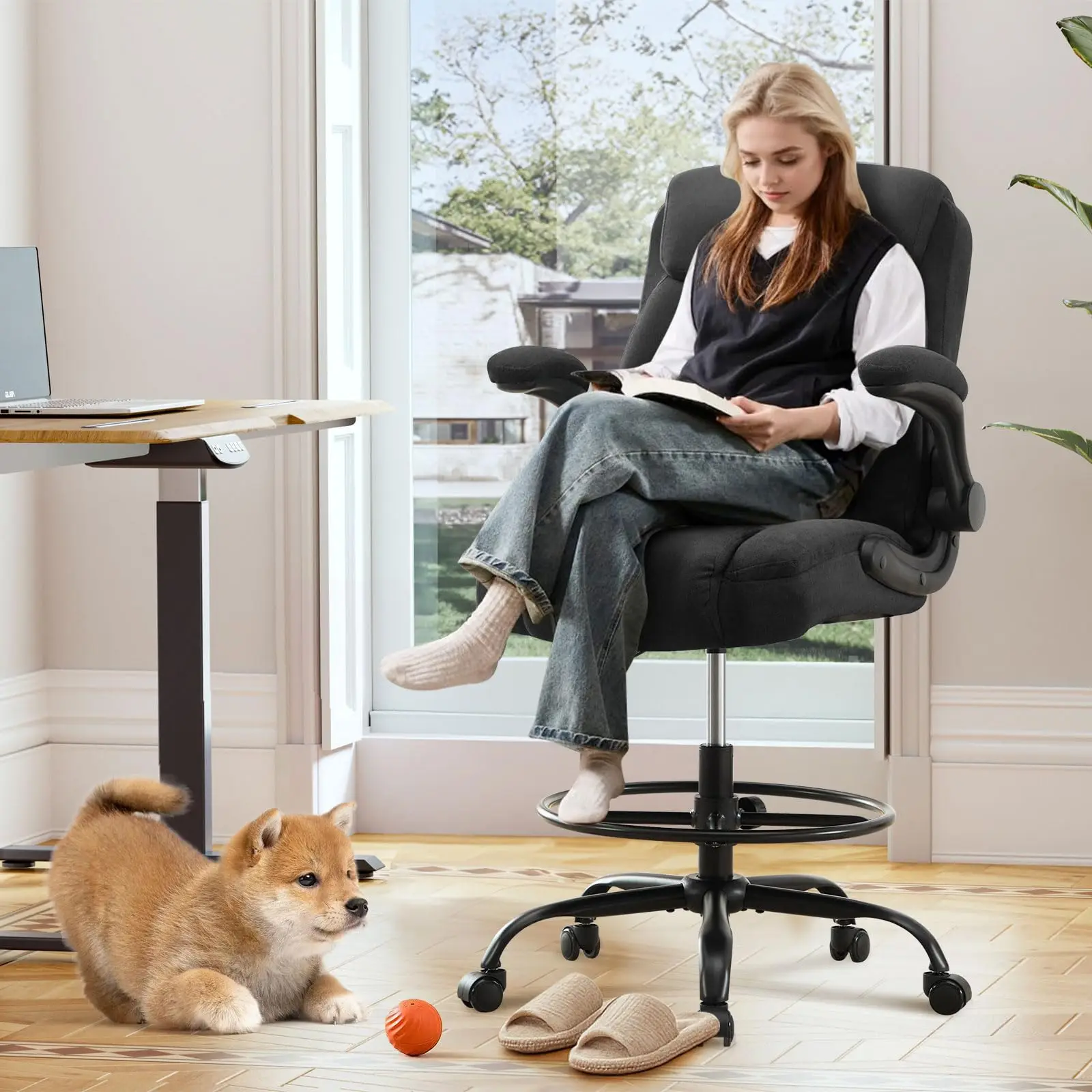 Drafting Chair Tall Office Chair for Standing Desk, Ergonomic Tall Desk Chair with Adjustable Foot Ring, Flip-Up