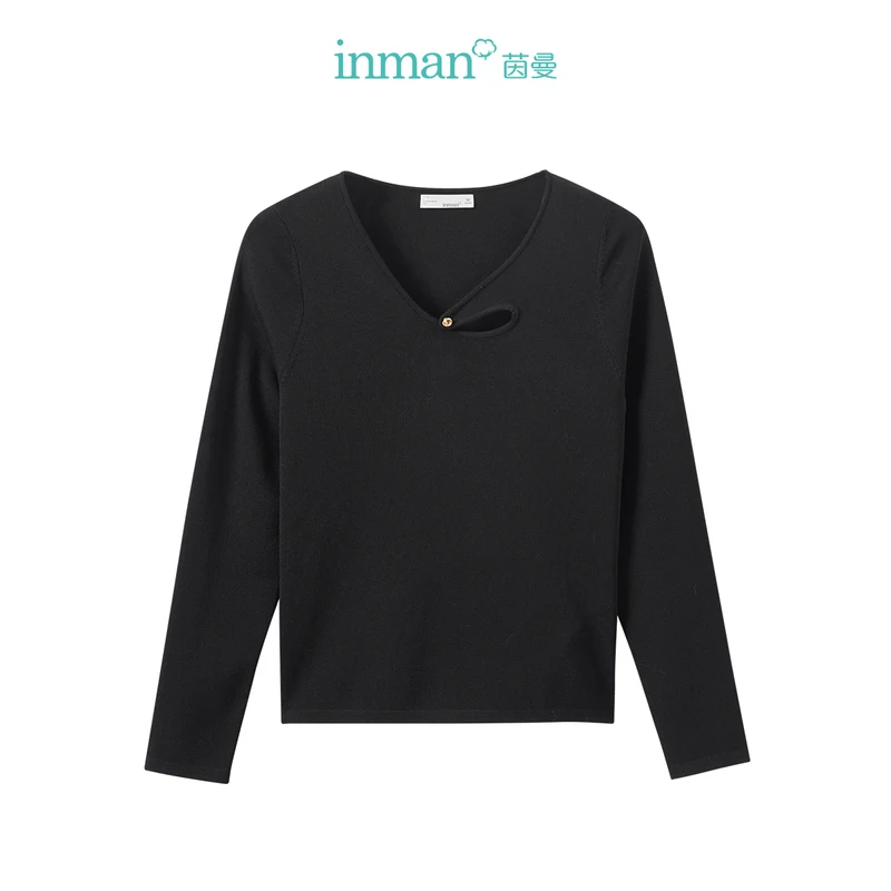 INMAN Women Sweater 2023 Autumn Long Sleeve Hollow V-neck Slim Fit Knitwear Fashion Casual Simple Versatile Apricot Black Tops