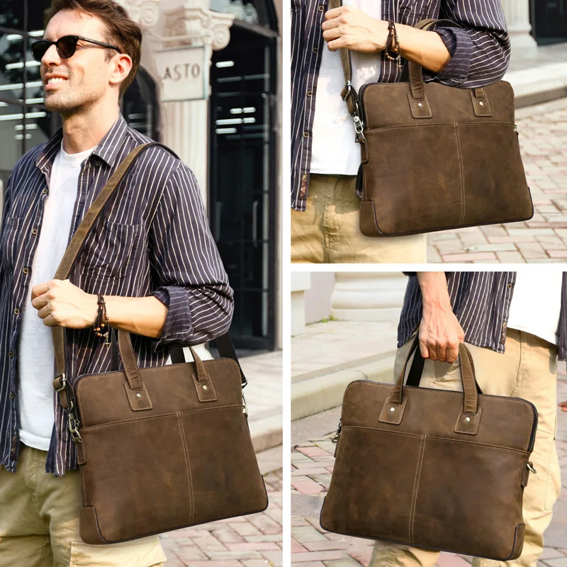 Fashionable British Style Cowhide Business Briefcase Suitable 15.6-inch Laptop Large Men File Genuine Bag Leather Briefcases Men