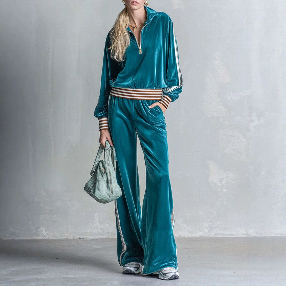 Women Velvet Tracksuit 2 Piece Outfit Half Zip Stand Collar Long Sleeve Top Striped Trim Wide Leg Pants Casual Daily Street Set