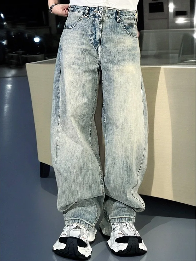 

Retro American Washed Wide Leg Straight Cut Jeans Men Loose Luxury Long Trousers Fashionable Straight Tube Denim Pants