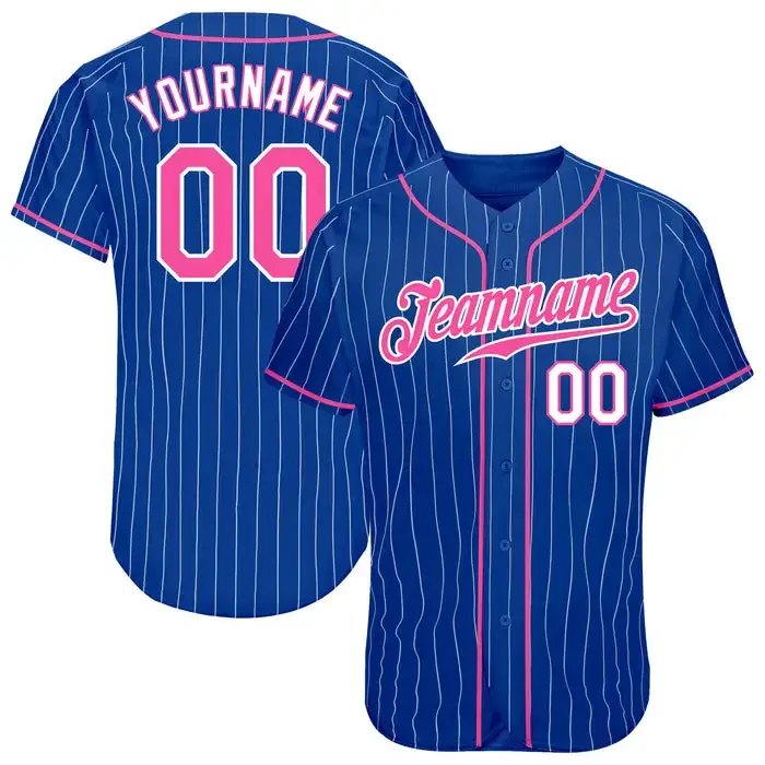 

Custom Royal White Pinstripe Pink-White Personalized Baseball Jersey