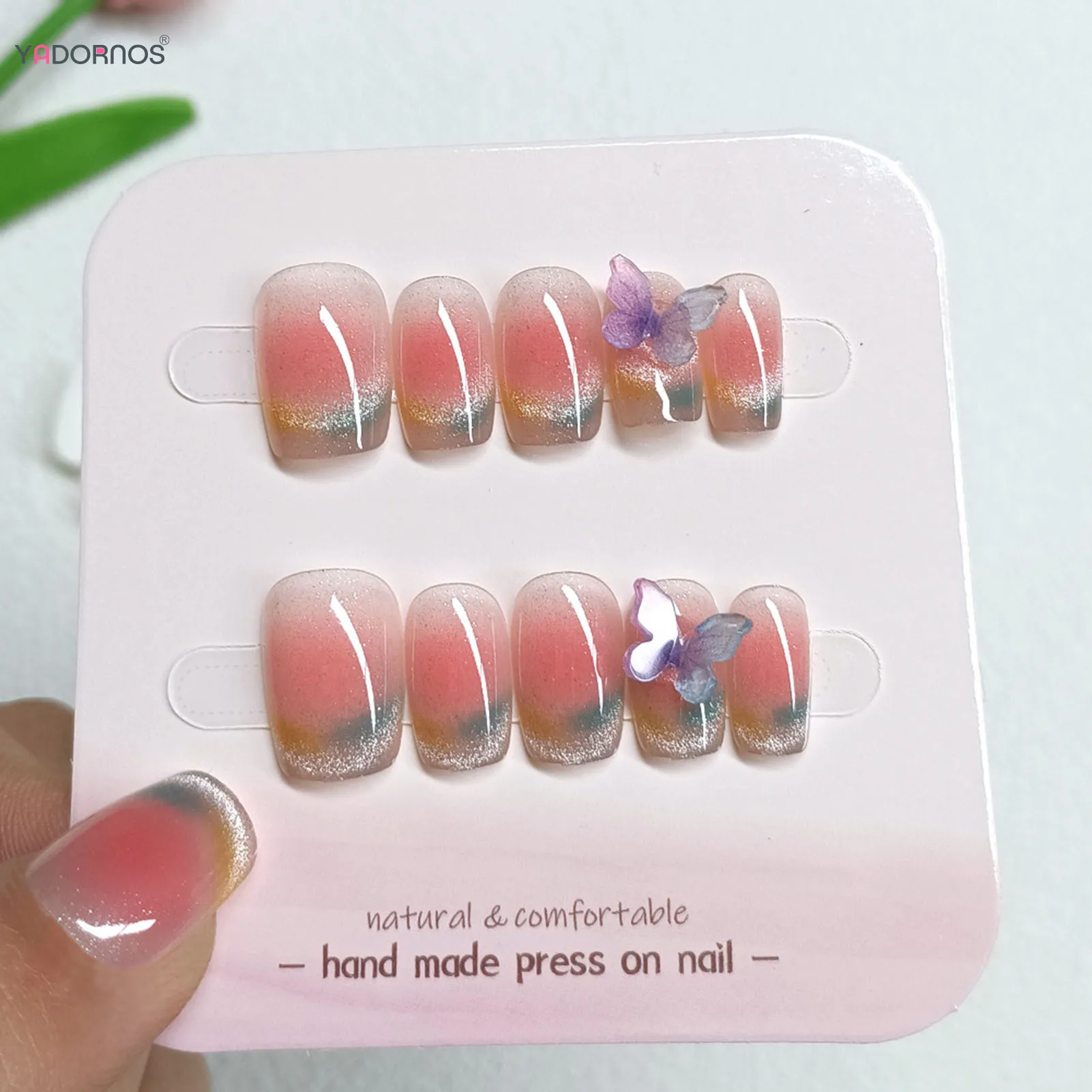 Blush Pink Press on Nails with Butterfly Designed Colorful Cat's Eyes Handmade Fake Nails Wearable False Nails for Women Girls