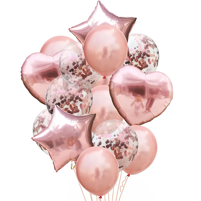 14 stks Rose Gold Mix Ster Hart Confetti Latex Ballonnen Verjaardagsfeestje Decoraties Kinderen Volwassen Huwelijksverjaardag Globos Supplies