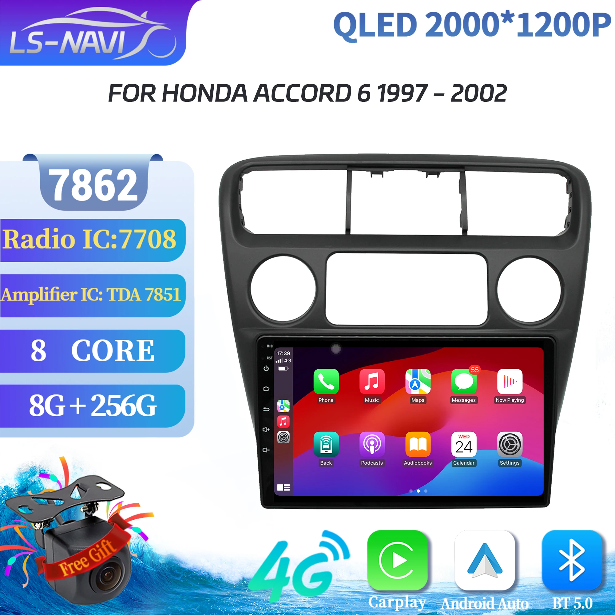 

For Honda Accord 6 1997-2002 Car Radio Multimedia Navigation GPS Wireless Android 14 BT CarPlay Head Unit Stereo 2K QLED Screen