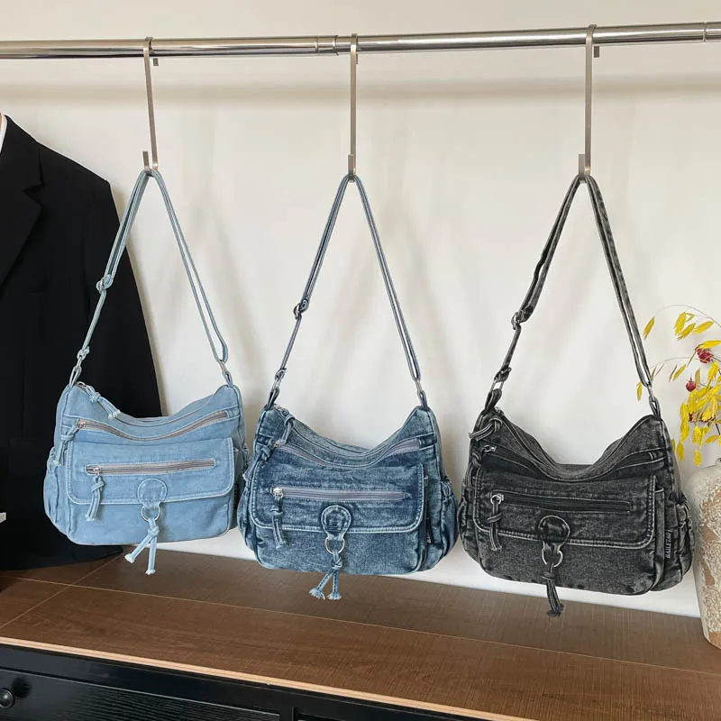 Bolso de mezclilla de gran capacidad para mujer 2026, nuevo, multicapa, a la moda, versátil, de un solo hombro, informal, para el día a día, bandolera.