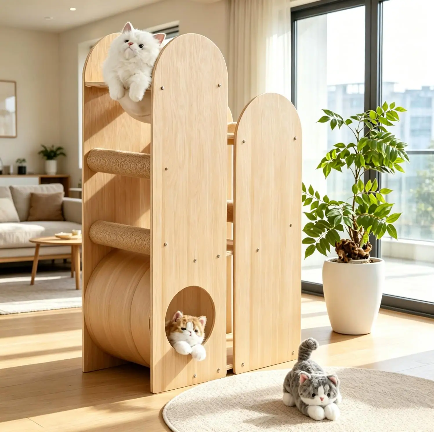 Modern Solid Wood Cat Tree Luxury Nordic Cat Climbing Frame Condo Hammock Sisal Scratching Post Eco-Friendly Easy Assembly Cat