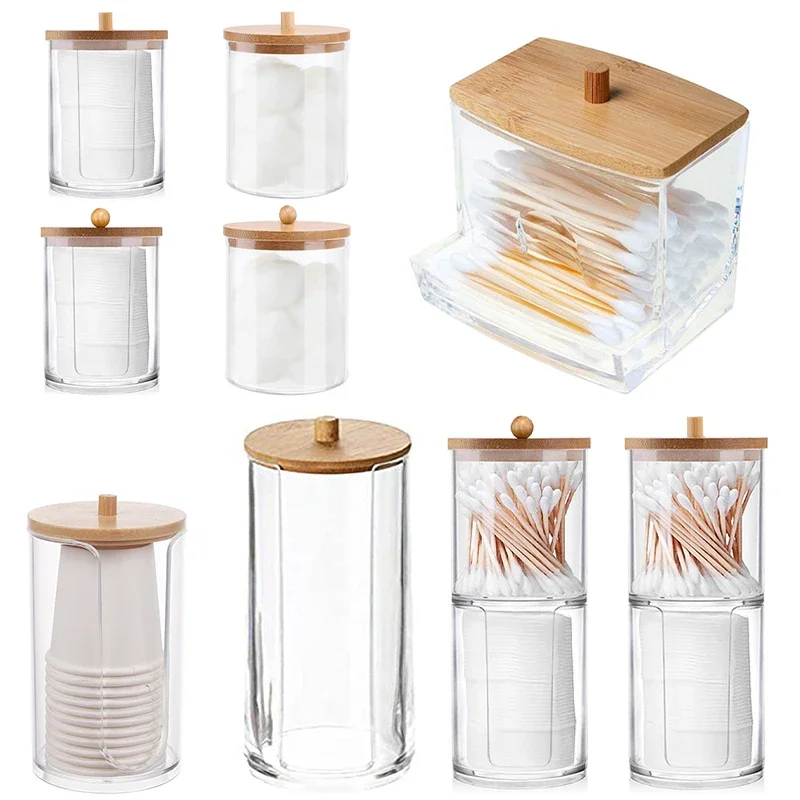 

Cotton Swab Storage Box Makeup Organizers Qtip Container Cosmetic Small Change Jewelry Storage Box Bamboo Lid Jar Home Storage