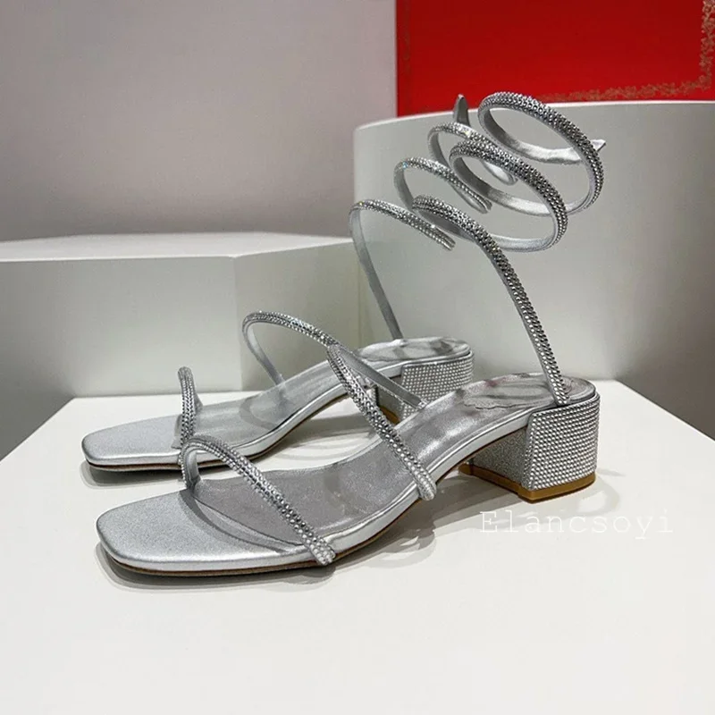 Square Toe Chunky High Heels Sandals Women's Shiny Crystal Ankle Snake Twine Around Party Shoes Summer Gladiator Sandalias view 4