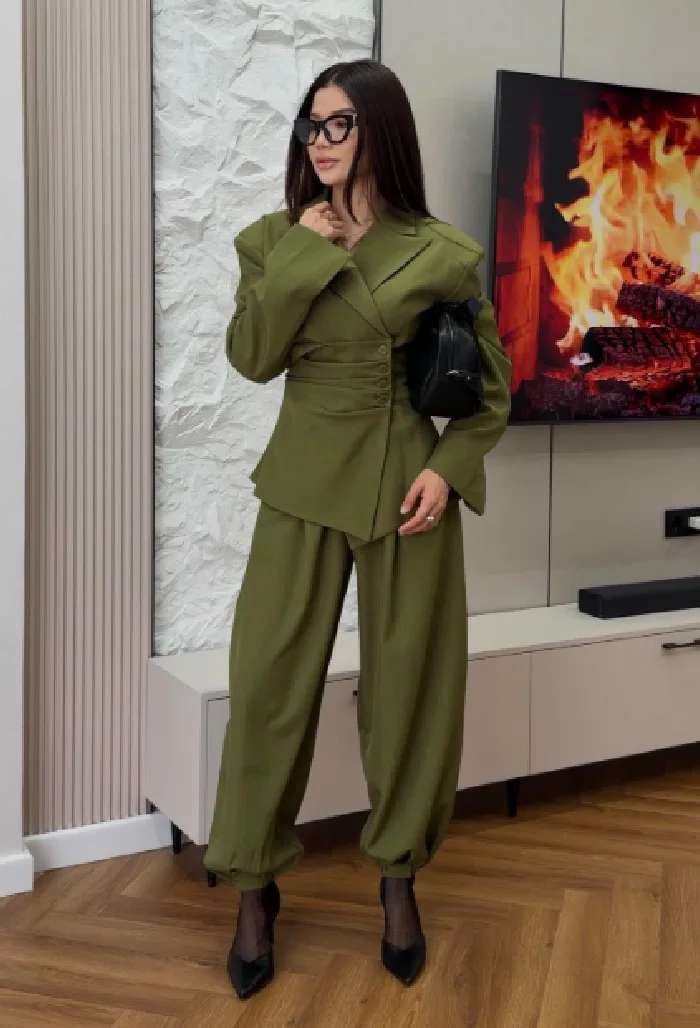 Suninheart Olive Green Asymmetric Blazer & Pants Set – Women's Ruched Waist Suit Two Piece Office Lady Autumn Fashion