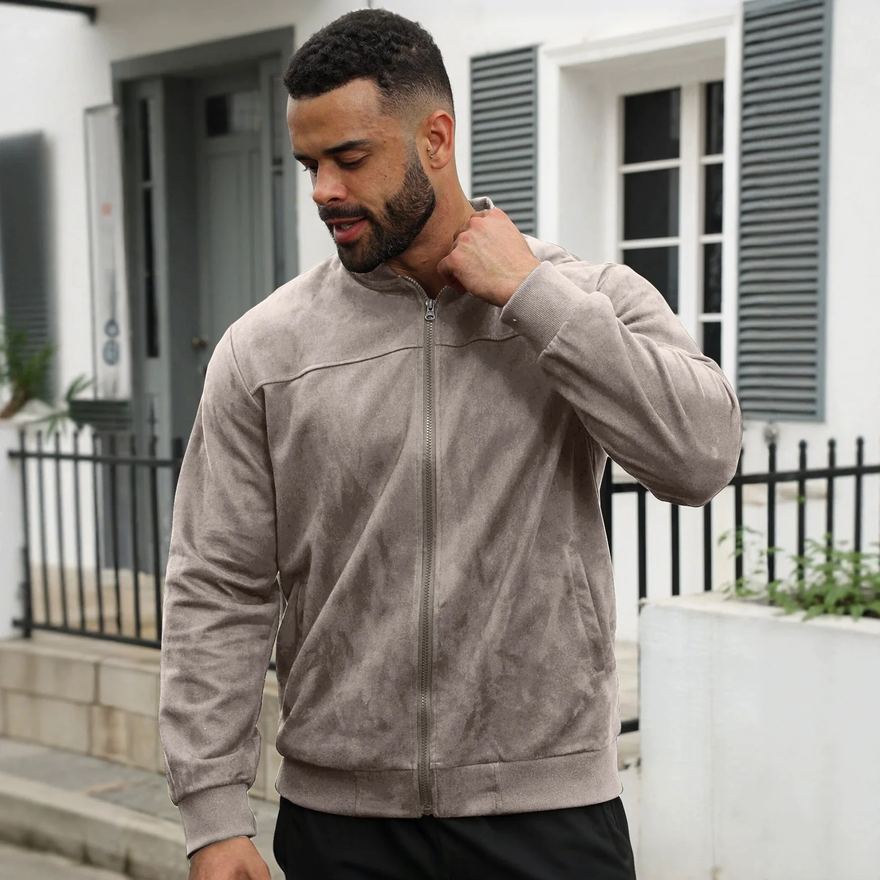 European and American men's suede solid color casual sports stand up collar zipper jacket long sleeved jacket cardigan